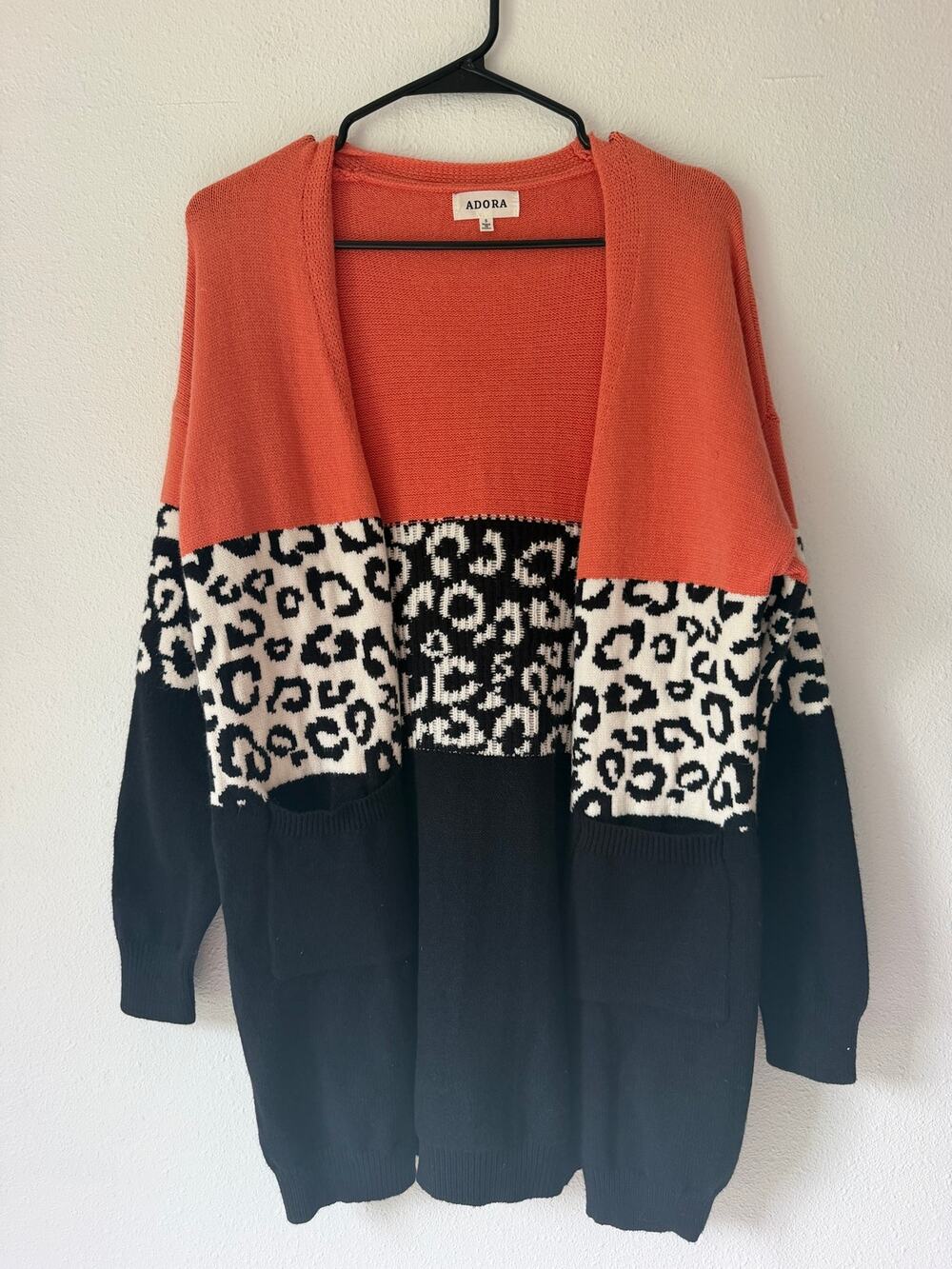 Orange Black Animal Print Colorblock Oversized Open Front Knit Cardigan Sweater
